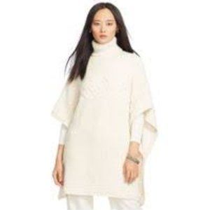 Lauren Ralph Lauren Alpaca Ivory Chunky Cable Knit Turtleneck Poncho Sweater